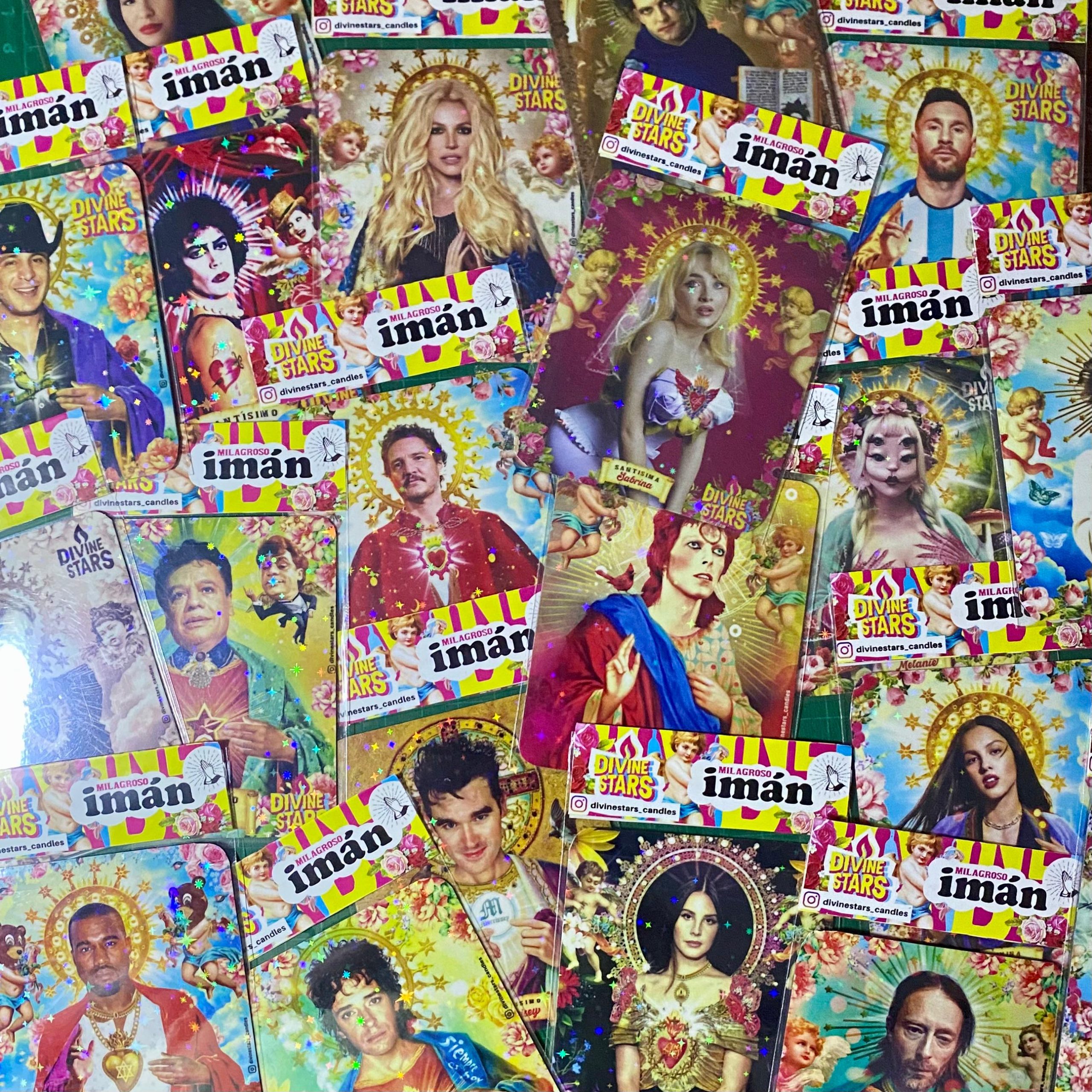 Divinos y milagrosos imanes de Divine Stars con diseños de artistas de la cultura pop